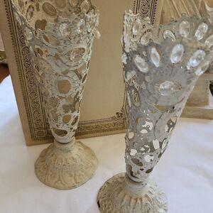 Pair Of Metal French Country Style Beaded Cone Open Metal Vases Coquette Bridal